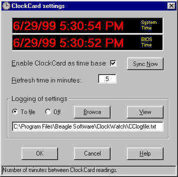 ClockCard Settings screen in ClockWatch